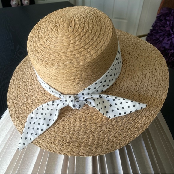 David And Young Beige Straw Hat  Black And White Polka Dot Straw Sun Hat Size M - Picture 5 of 8